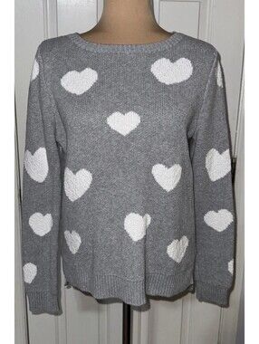 Christian Siriano Sweater Heart Print Crew Neck Gray & White 100% Cotton Medium